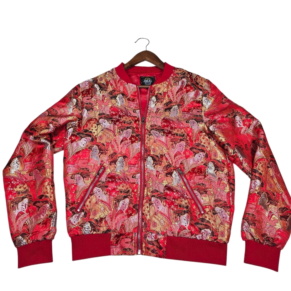 Jogal Style Red Embroidered Satin Bomber Jacket Chinese New Year Y2K, Sz S FLAWS